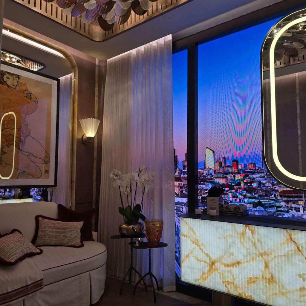 Mediterranean interior with illuminated stone bar and panoramic city skyline