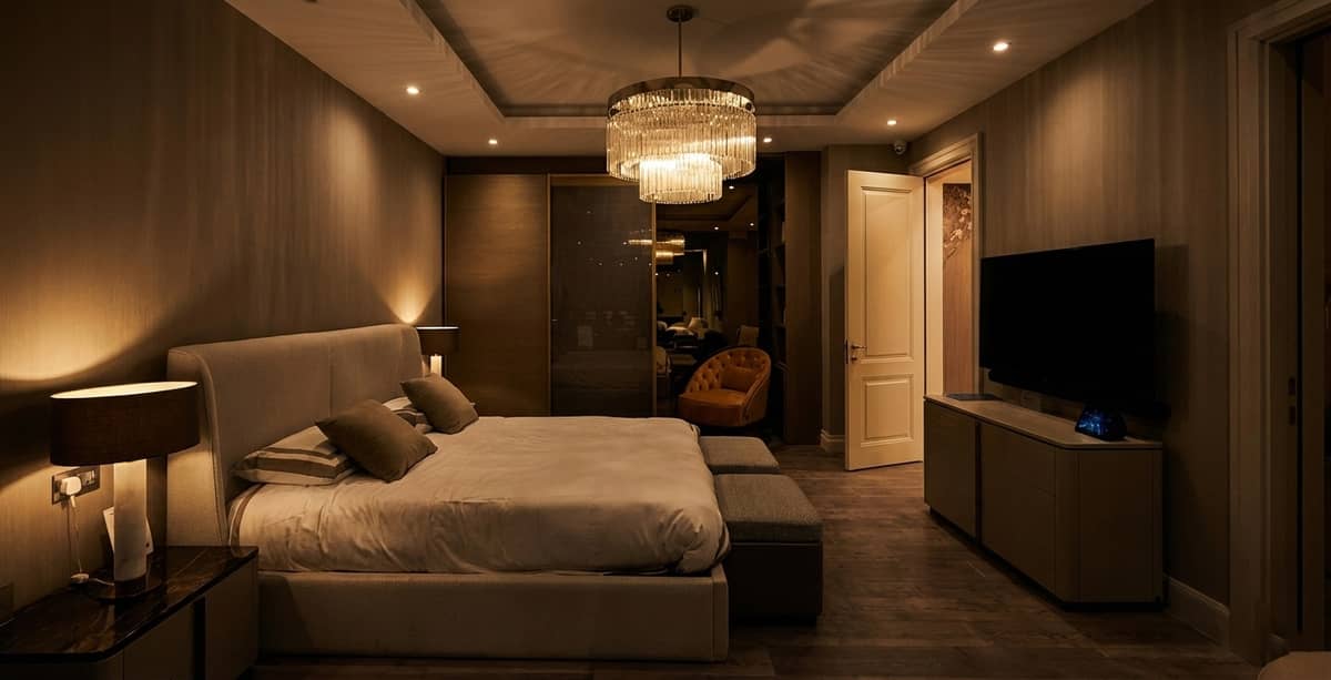 Modern marble TV wall unit with integrated lighting and floating shelves in a luxury furniture showroom.