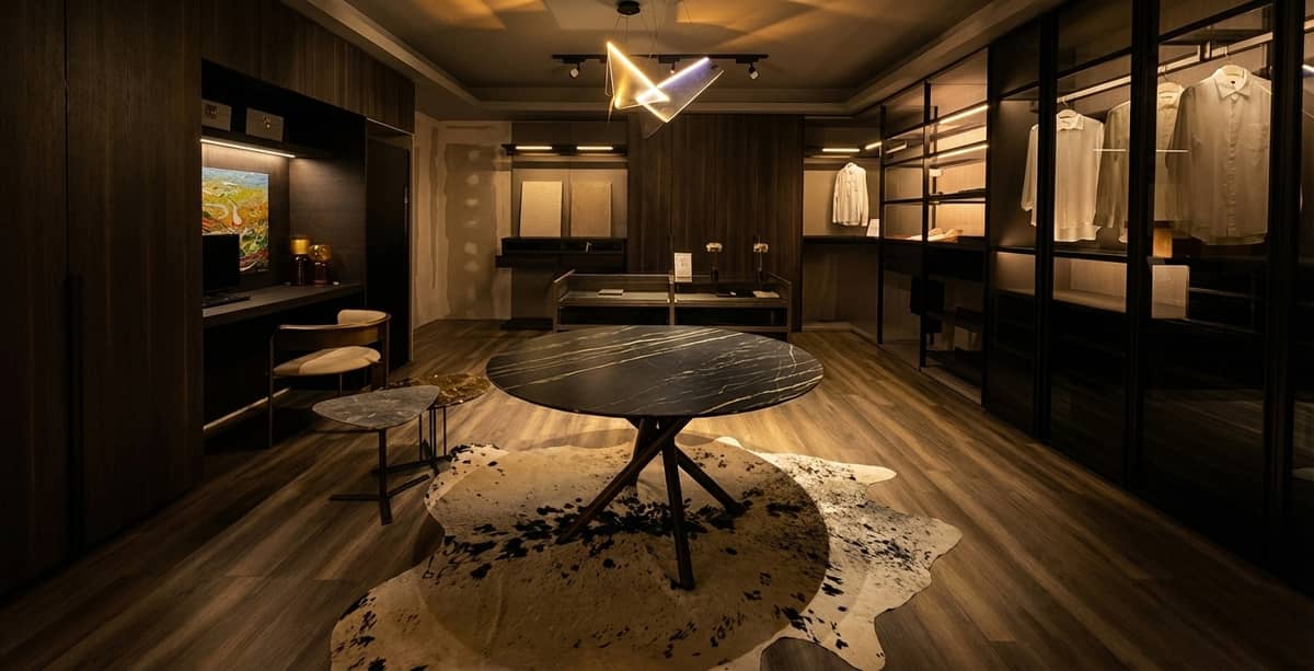 Elegant dining room set featuring a wooden dining table and luxury chairs at FCI London.