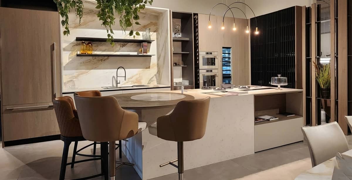 Modern kitchen with marble countertops and open shelving.