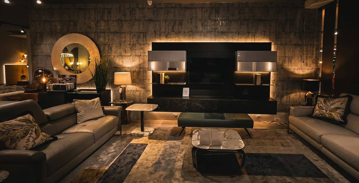 Sophisticated lounge area with modern furniture and ambient lighting.