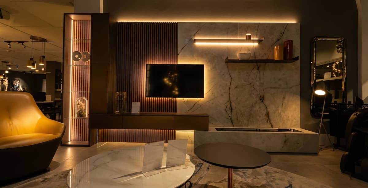 Luxury bedroom with modern bed and designer furniture at FCI London showroom