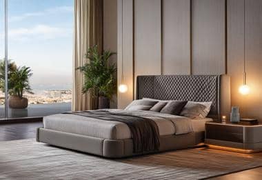 Luxurious bedroom with a plush bed, elegant lighting, and neutral tones for a sophisticated atmosphere.