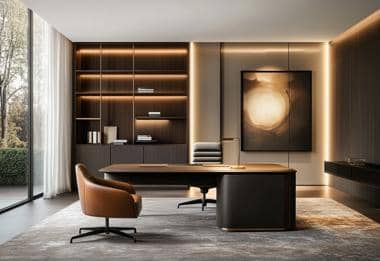 Stylish office with a sleek desk, comfortable chair, and ambient lighting, perfect for modern workspaces.