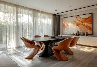 Modern dining room featuring sculptural dining chairs and a sleek wooden table.