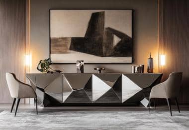 Elegant sideboard with geometric design paired with contemporary artwork in a stylish living space.