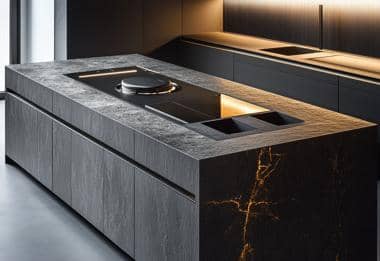 Modern black kitchen island with integrated induction hob and stone worktop