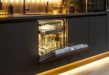Built-in dishwasher with glassware in a matte black kitchen unit
