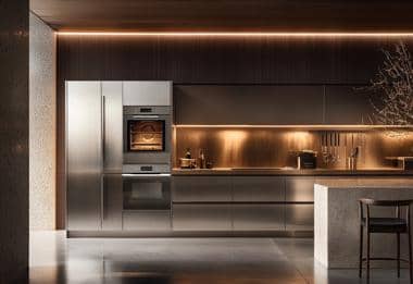 Luxury kitchen with built-in stainless steel ovens and integrated fridge