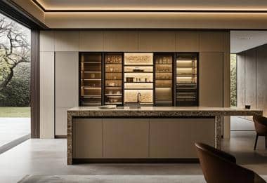 High-end wine and refrigeration wall with island and garden view