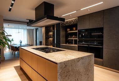 Designer island kitchen with overhead extractor and textured stone worktop
