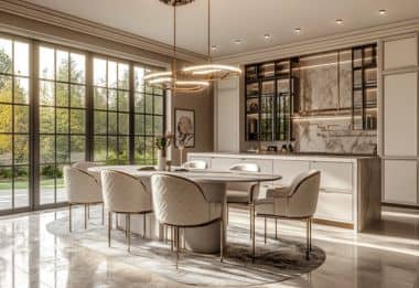 Modern luxury kitchen and dining area with marble finishes and elegant lighting.