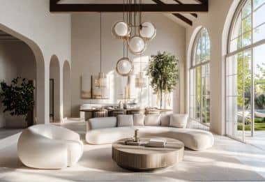 Modern luxury living room with white curved sofa, wood coffee table, and contemporary lights.