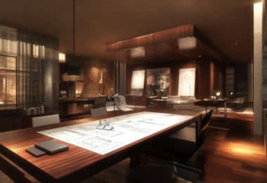 Luxurious executive office with a wooden table, modern furniture, and soft ambient lighting.