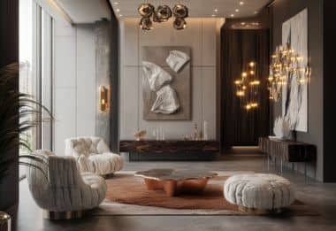 Modern luxury living room with plush seating, abstract art, and statement lighting.