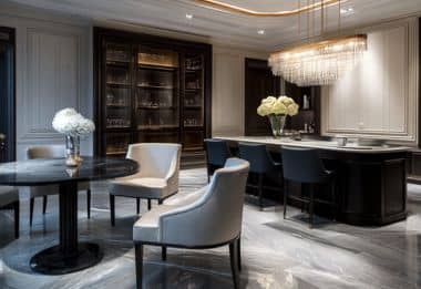 Luxury dining area with marble floors, modern chairs, and a chandelier.
