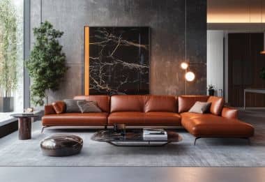 Modern leather sofa with dark accent wall and stylish coffee table
