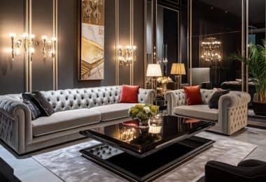 Luxurious living room with tufted sofa and sophisticated decor