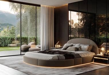 Contemporary bedroom with a curved bed, ambient lighting, and glass wall views.