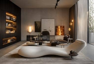 Stylish white sculptural sofa with minimalist decor and ambient lighting.
