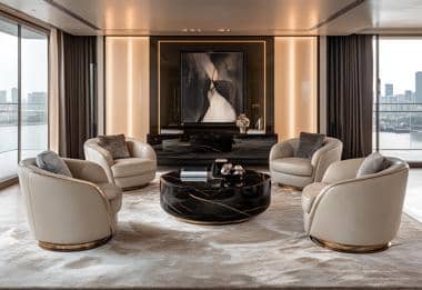 Modern lounge with beige armchairs, dark marble table, and panoramic city views.