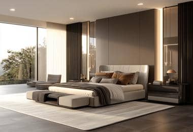 Sleek grey and beige bedroom with large windows and contemporary furniture.