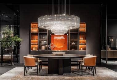 Modern dining area with crystal chandelier and orange accents.
