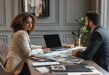 Two professionals discussing designs at a stylish modern office desk.