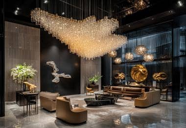 Elegant living room with gold accents, luxury furniture, and a grand chandelier.