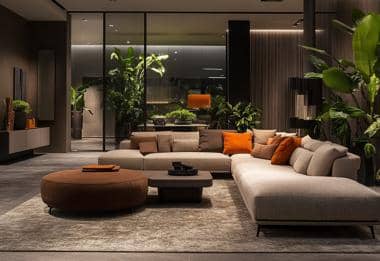 Luxurious living room with beige sofa, orange pillows, and indoor plants.