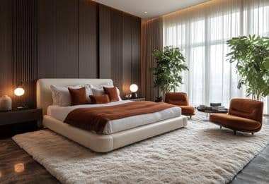 Cream rug in modern bedroom with brown velvet accents and low platform bed.