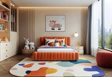 Colourful abstract kids rug with orange bed and playful soft toys.