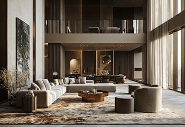 Oversized luxury rug in double-height living room with neutral designer furniture.