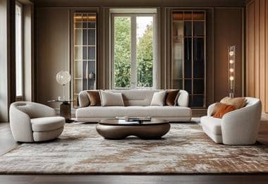 Neutral living room rug with sculptural coffee table and cream upholstered seating.