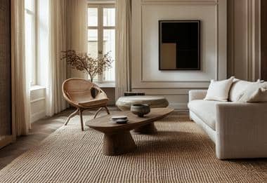 Woven jute rug with curved wood coffee tables and minimalist cream sofa.