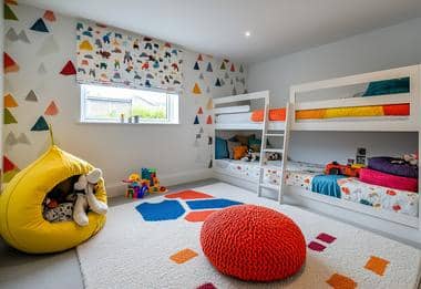  Colorful children's bedroom with playful rug and vibrant decor.