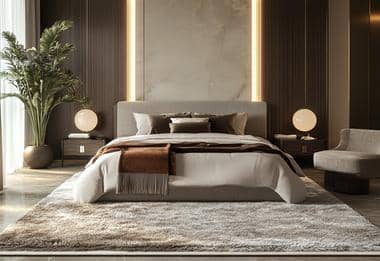 Elegant bedroom featuring a beige rug with cozy neutral tones.