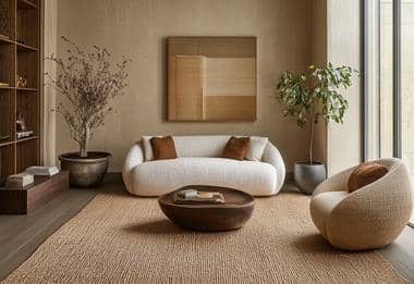 Cozy living room with a natural jute rug and minimalist design.