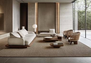 Neutral sofa set on a natural jute rug in a sophisticated living room.