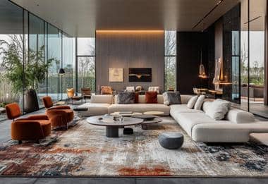 Spacious living room with an extra-large rug under a sectional sofa.