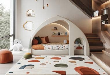 Colorful abstract rug in a child’s bedroom with a unique bed design.