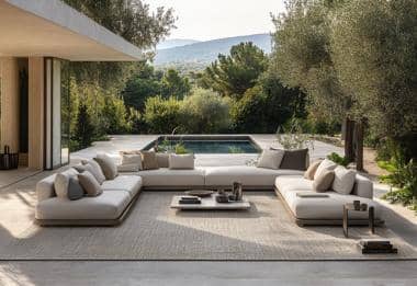 Modular sofa and light rug by a pool in a scenic outdoor space.