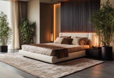 Elegant beige bed with soft lighting and a neutral rug in a luxurious bedroom.