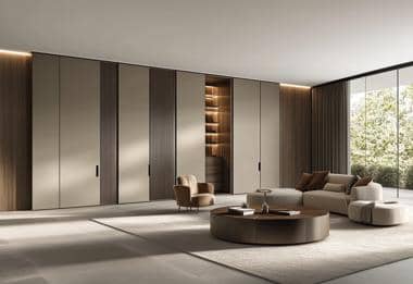 Fitted wardrobes with beige panels in a luxury living space with modern armchairs