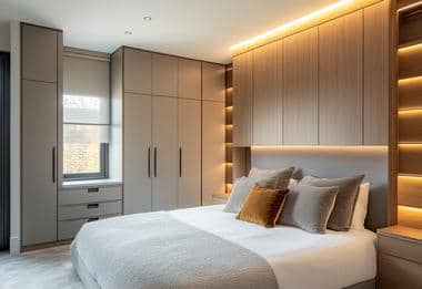 Fitted bedroom wardrobes with backlit shelving and sleek modern overhead units