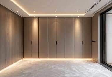 Contemporary floor-to-ceiling wardrobes with warm lighting in an empty bedroom