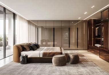 Luxury bedroom with glossy glass wardrobes and dark wood open closet section