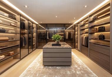 Walk-in wardrobe with glass doors, open shelving and central island with marble top