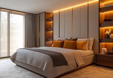 Fitted wardrobe and upholstered headboard with warm LED lighting in bedroom.