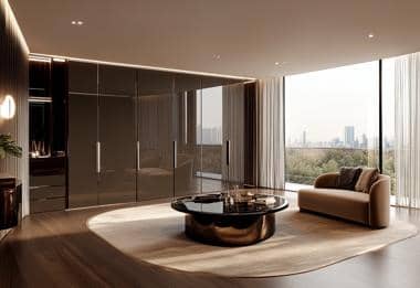 Gloss wardrobe with full-height handles in luxury penthouse with city view.